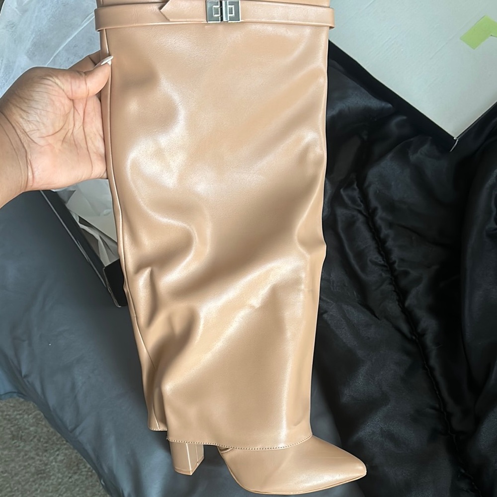 Beige Leather Knee-High Boots